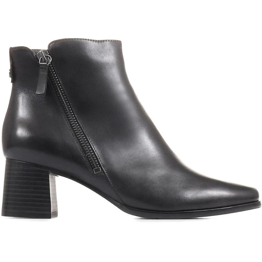 Zara Black Leather Ankle Booties with Stacked Block Heel and Side Zip